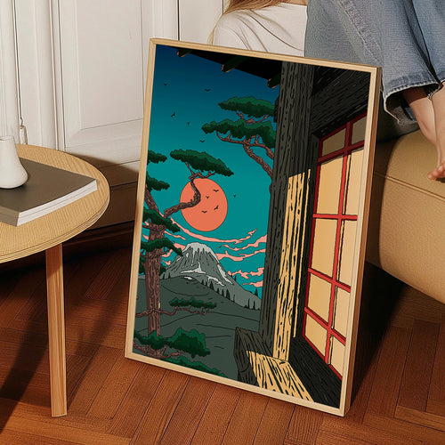 Landschapsposter met den en berg bij zonsondergang – Product1