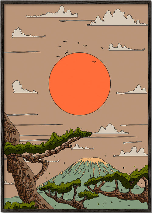 Landschapsschilderij met oranje zon en gestileerde dennen – Black Frame