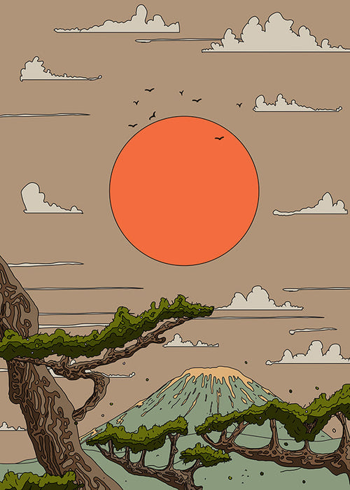 Landschapsschilderij met oranje zon en gestileerde dennen