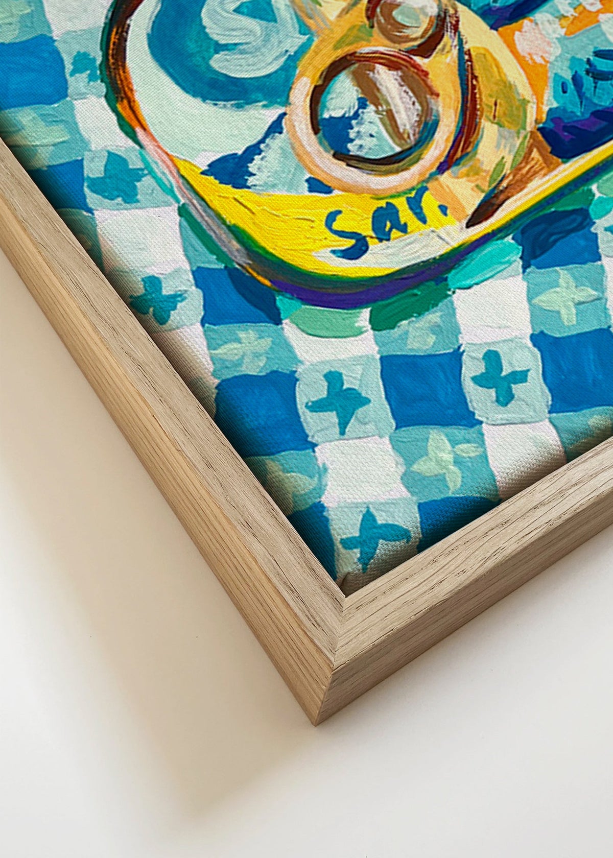 Keuken kunst: sardineblik op geruit doek – Canvas detail