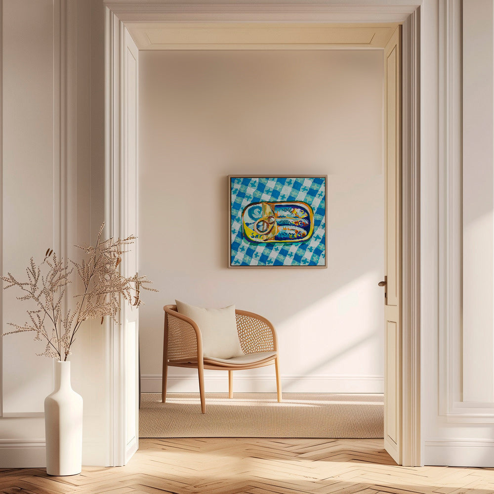 Cuadro de cocina: lata de sardinas sobre mantel a cuadros – Canvas1