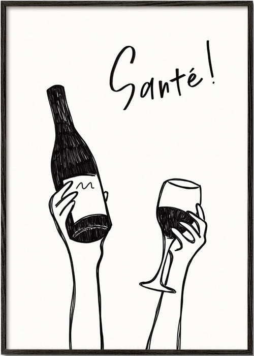 Keuken kunst met wijnfles en glas – Black Frame
