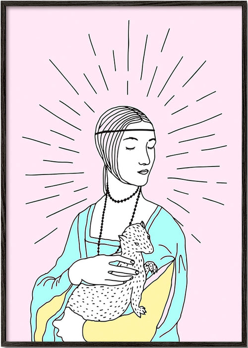 Illustratie: dame met ermine in pastelkleuren – Black Frame
