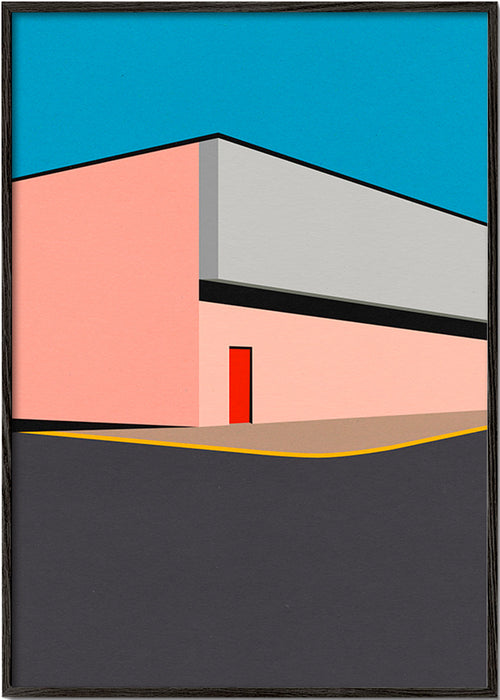 Minimalistische gevelillustratie met rode deur – Black Frame