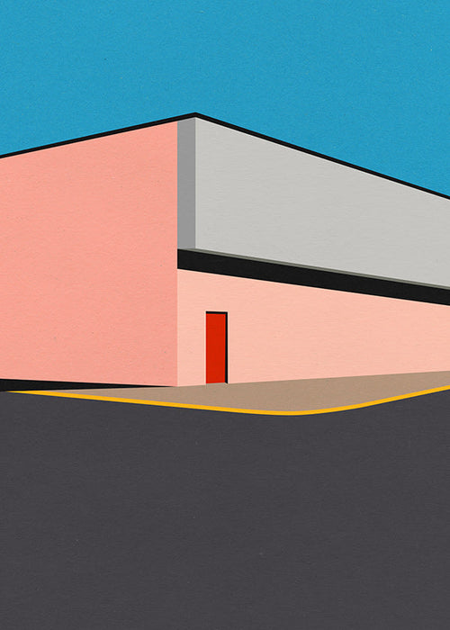 Minimalistische gevelillustratie met rode deur