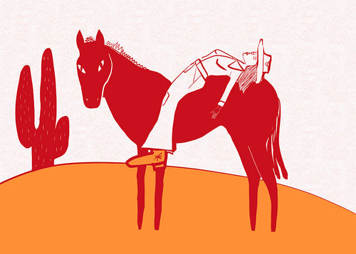 Artwork cowgirl rustend op rood paard