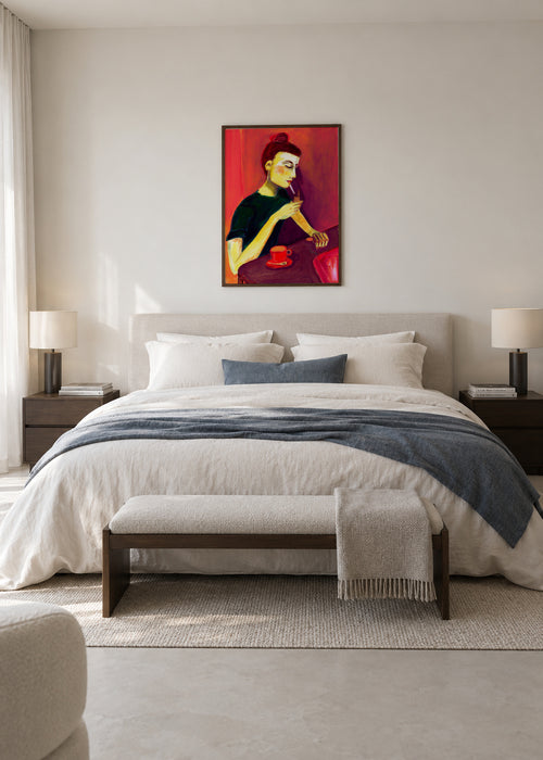 Lady lighting cigarette - Framed poster in an interior