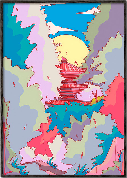 Illustratie van Japanse tempel in levendige kleuren – Black Frame