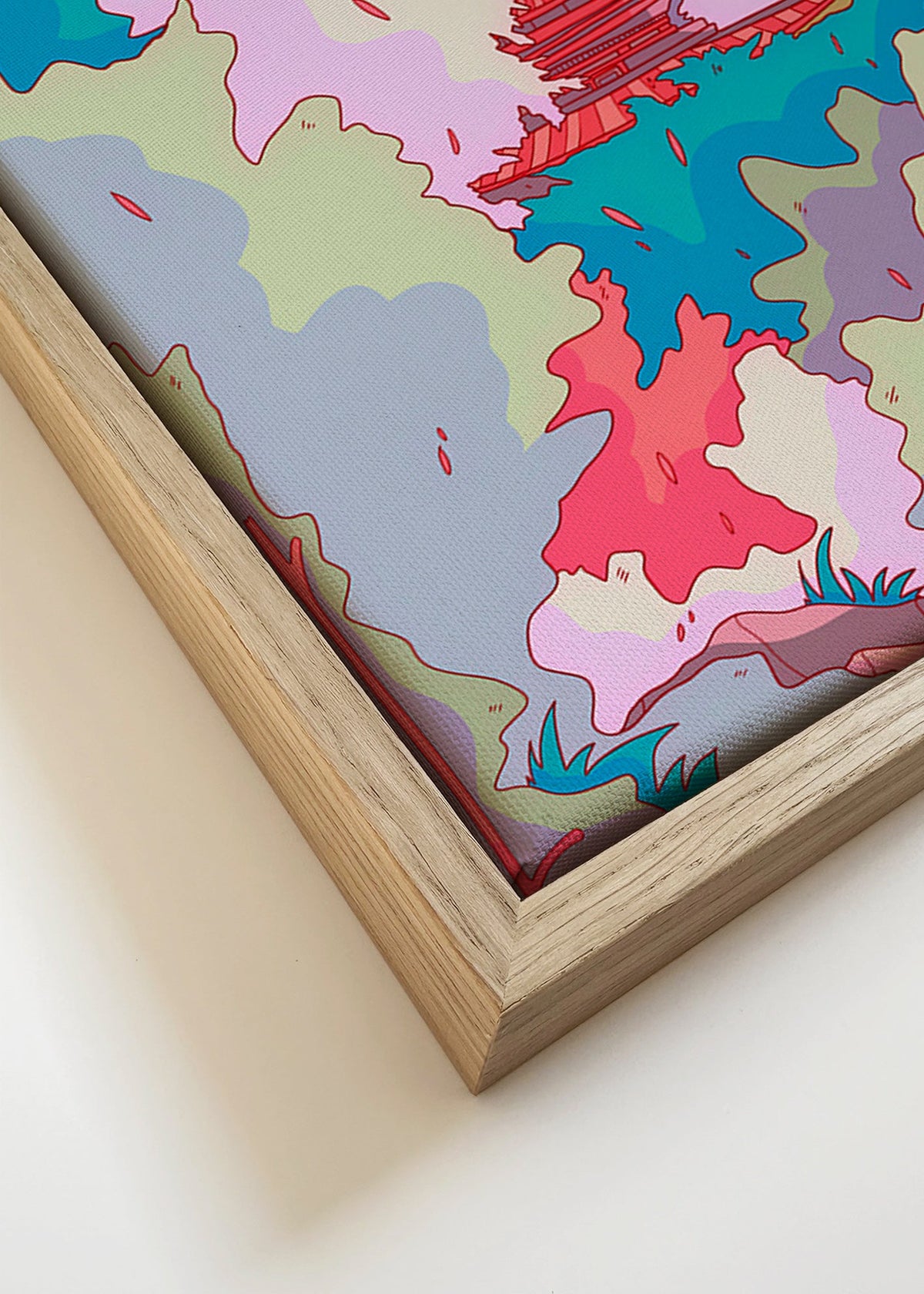 Illustratie van Japanse tempel in levendige kleuren – Canvas detail