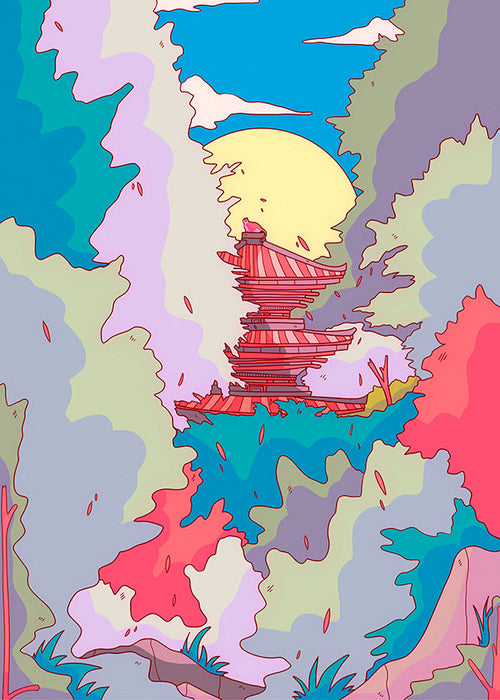 Illustratie van Japanse tempel in levendige kleuren