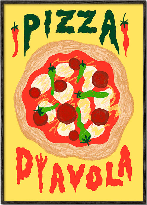 Keuken kunst: Pizza Diavola illustratie – Black Frame