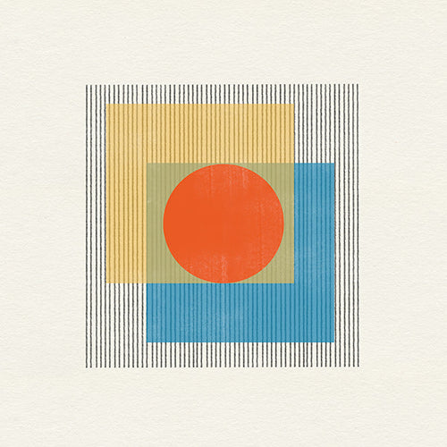 Geometrische poster met centrale cirkel en overlappende vierkanten
