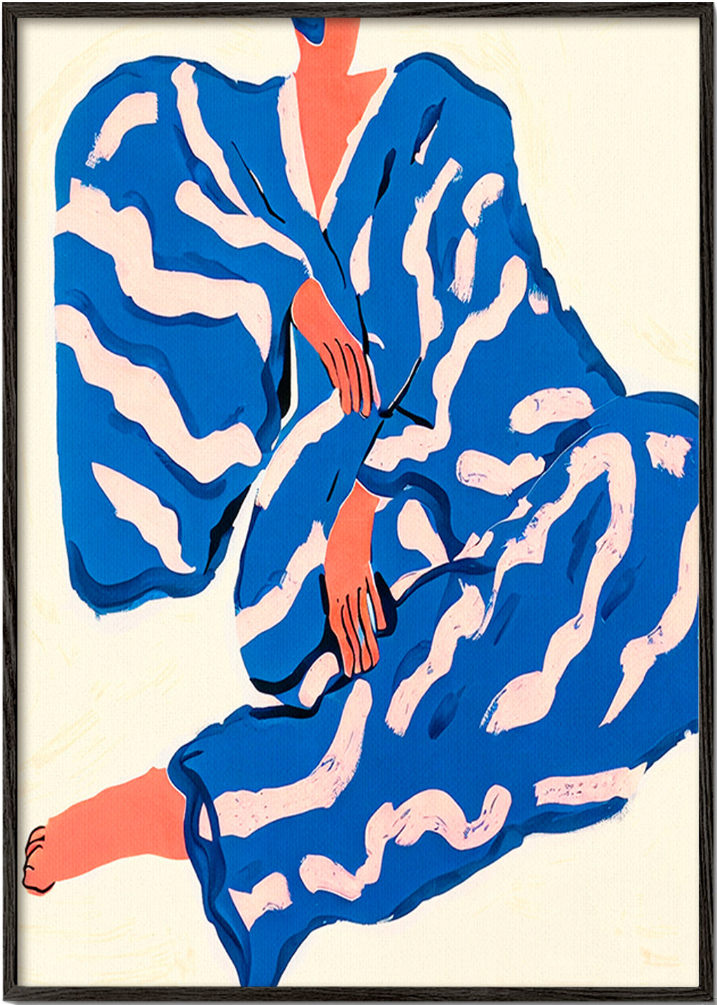 Illustratie van zittend figuur in blauwe mantel – Black Frame