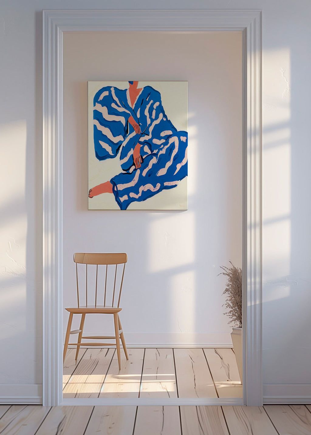 Illustratie van zittend figuur in blauwe mantel – Canvas