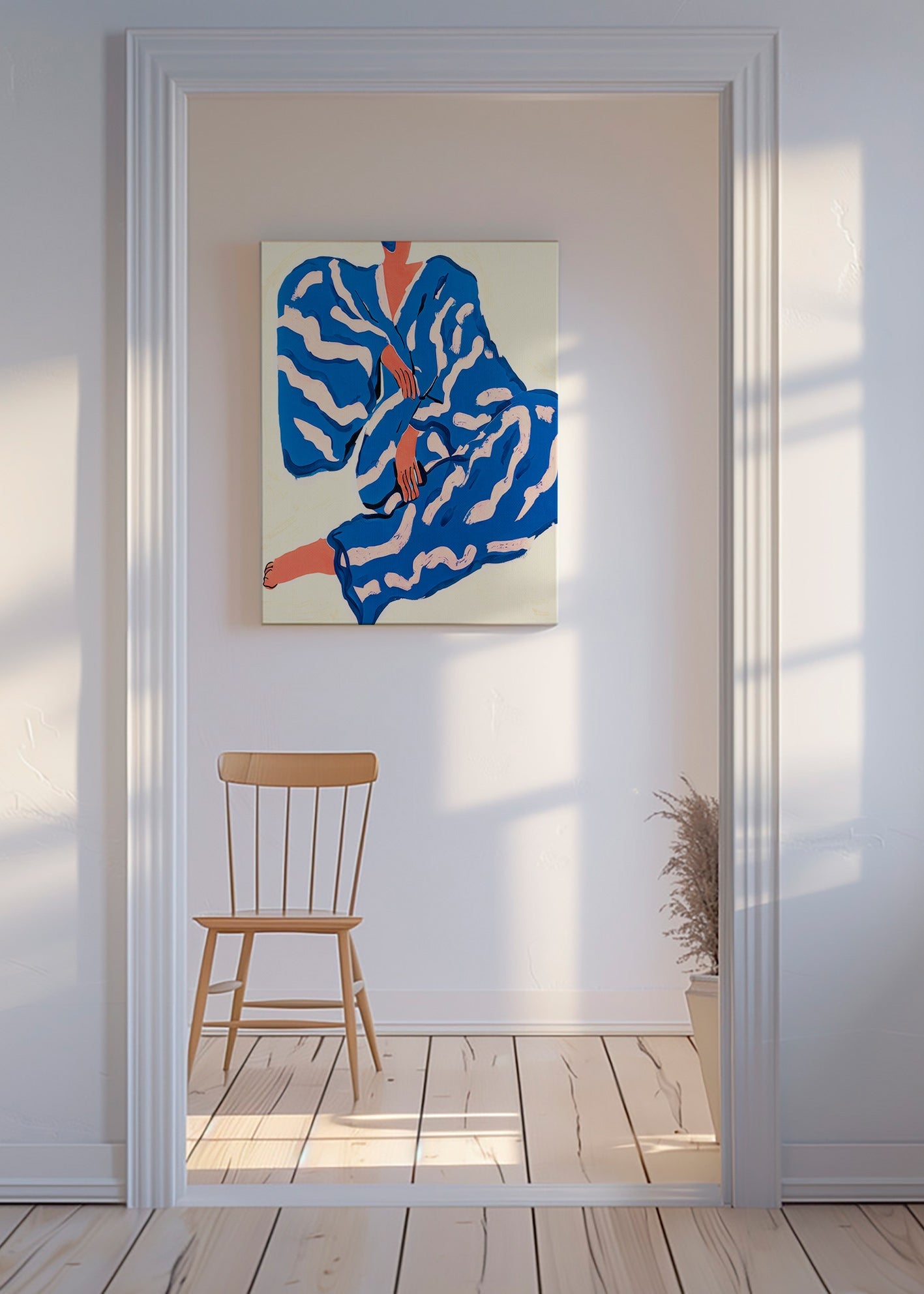 Illustratie van zittend figuur in blauwe mantel – Canvas