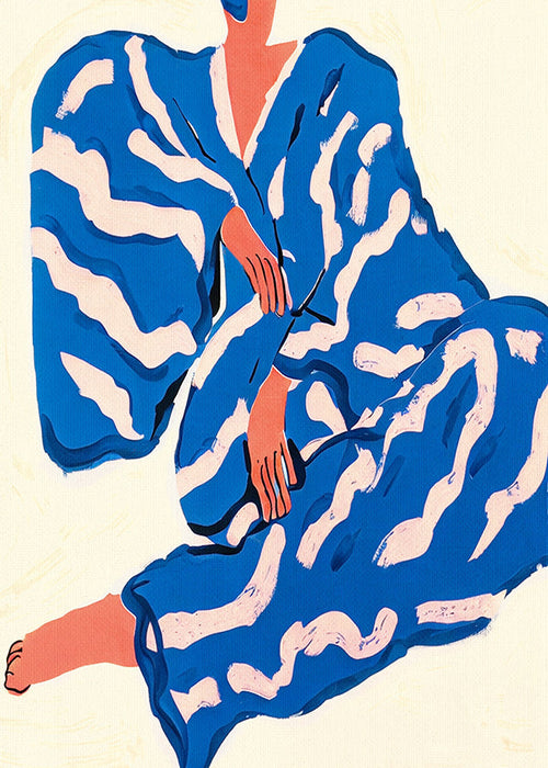 Ilustración de figura con bata azul y motivos orgánicos