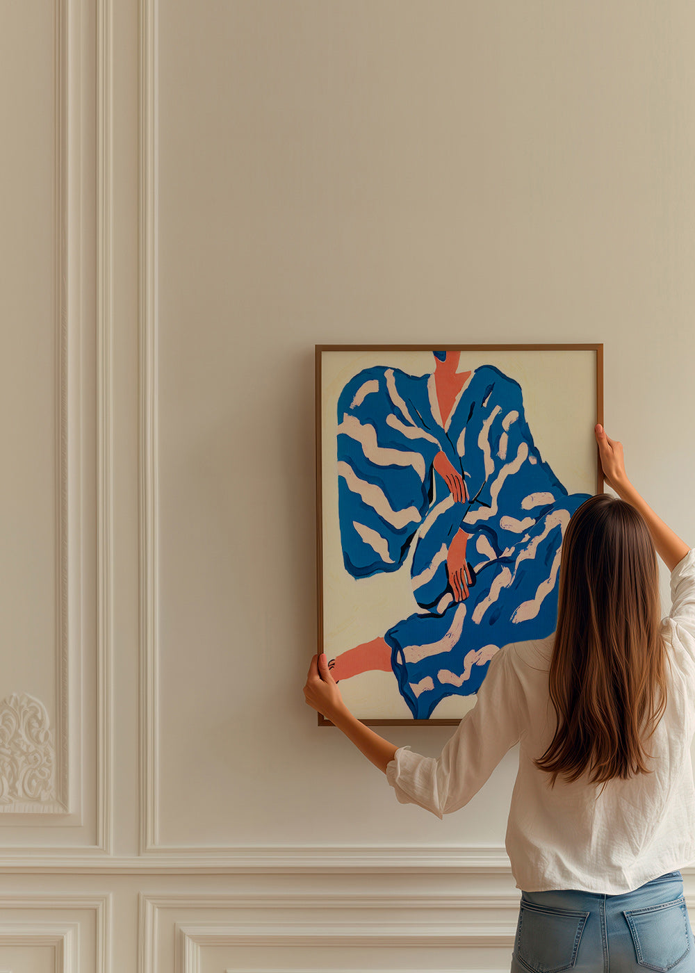 Illustratie van zittend figuur in blauwe mantel – Product2