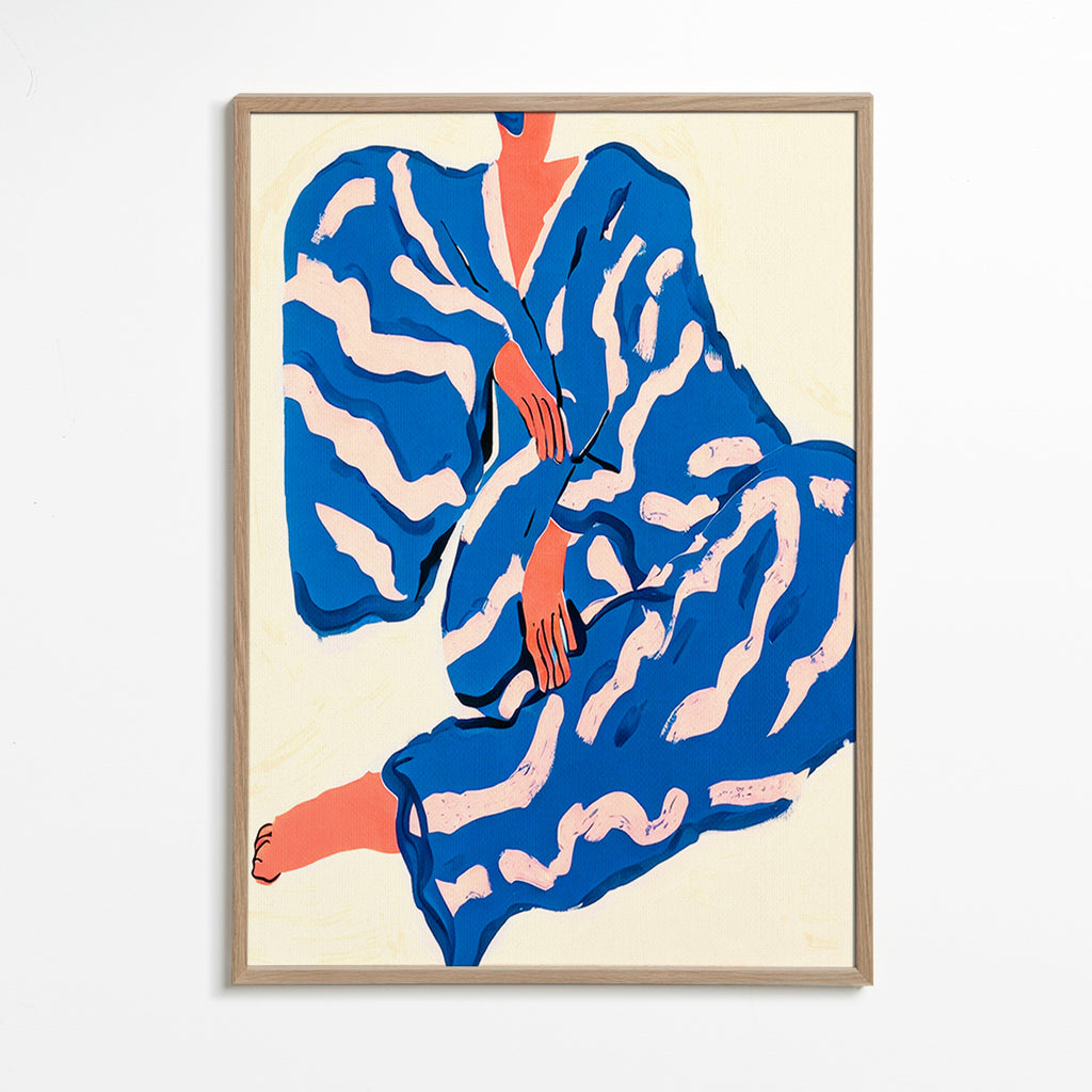 Illustratie van zittend figuur in blauwe mantel – Oak Frame