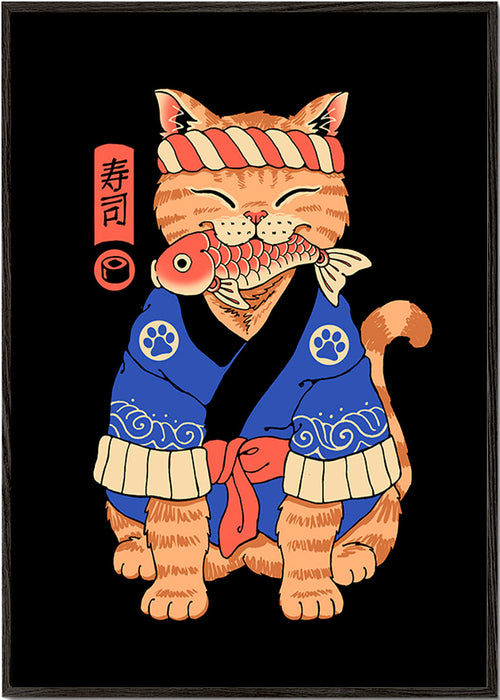 Artwork: Japanse kattenillustratie met vis – Black Frame