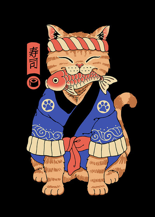 Artwork: Japanse kattenillustratie met vis