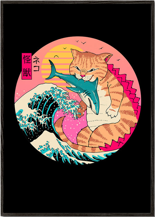 Kaiju-katillustratie met golf – Black Frame