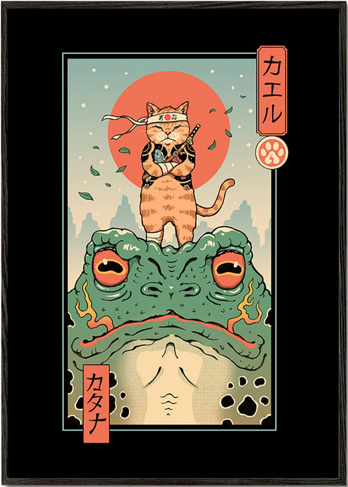 Kunstwerk samurai kat op reuzekikker – Black Frame