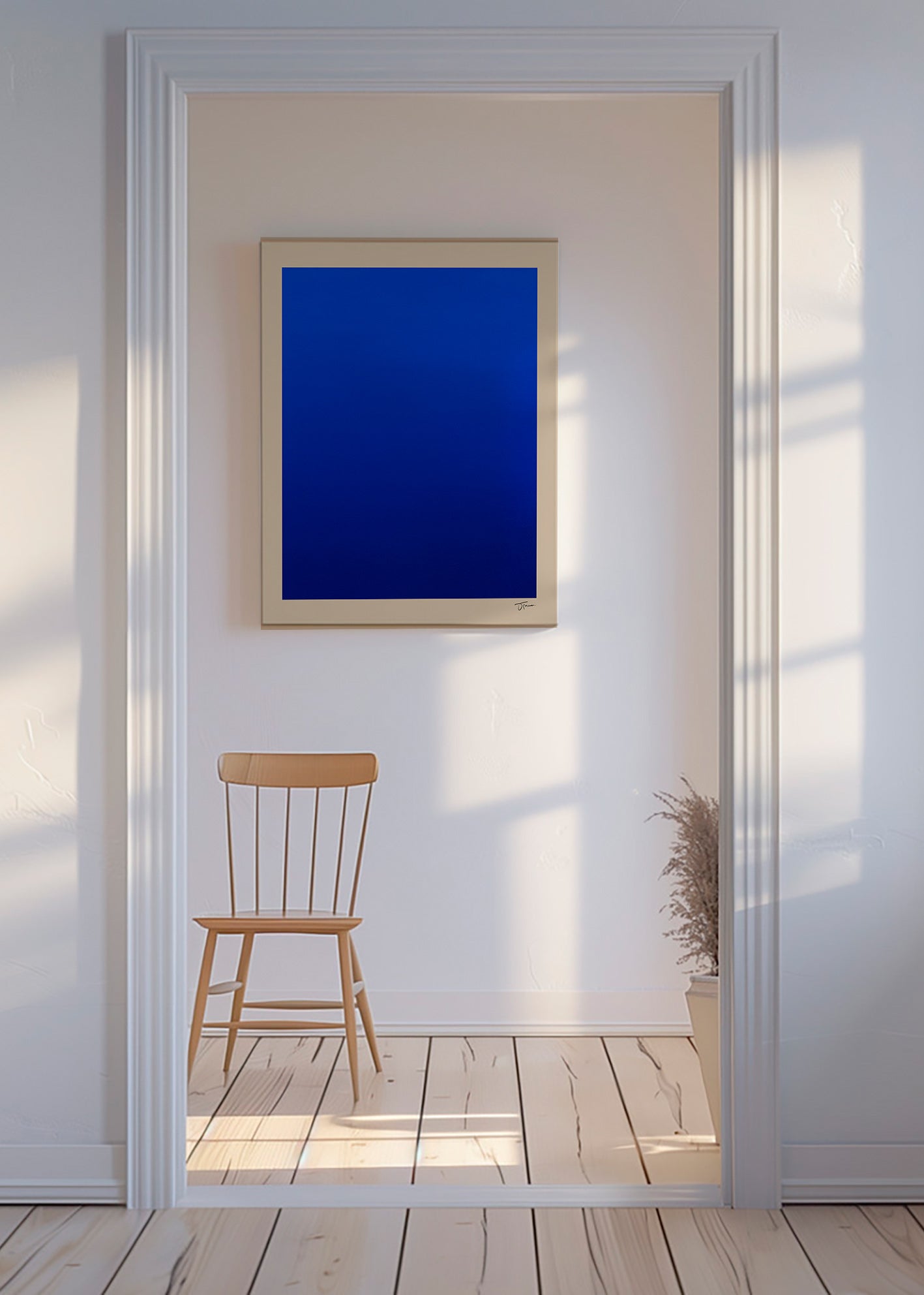Abstract kunst blauw vlak met beige rand – Canvas
