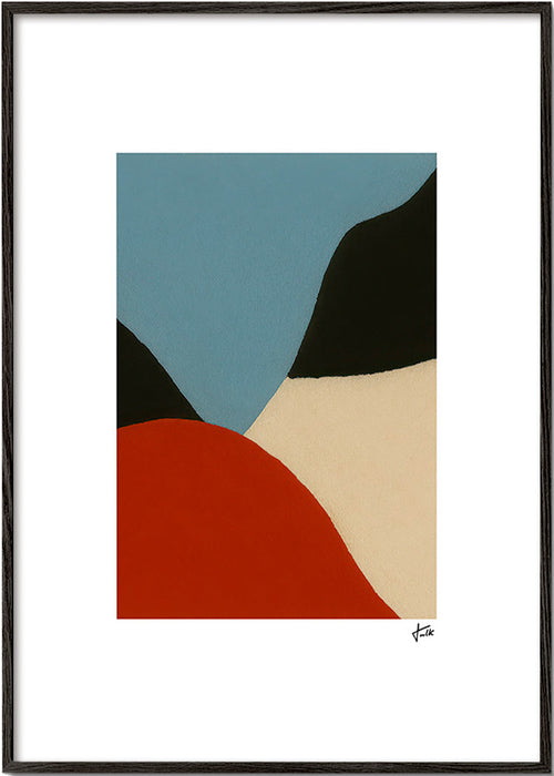 Abstract kunstwerk met organische terracotta en blauwe vormen – Black Frame