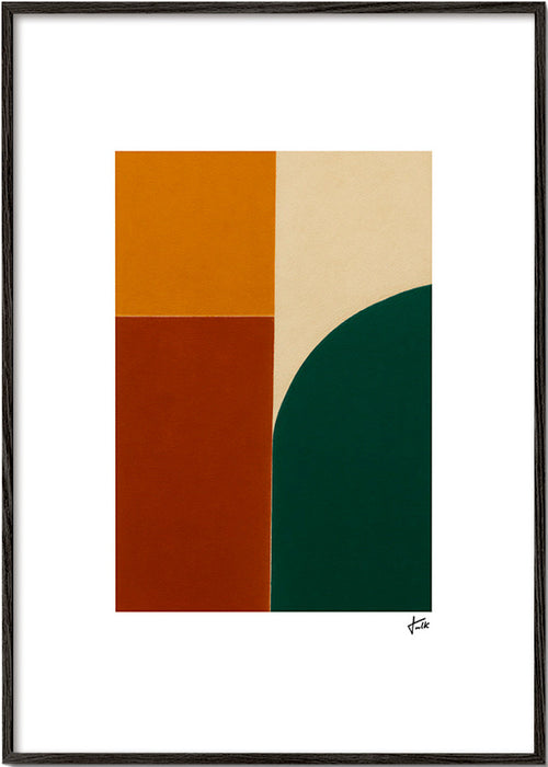 Geometrische poster met groene boog en okerkolommen – Black Frame