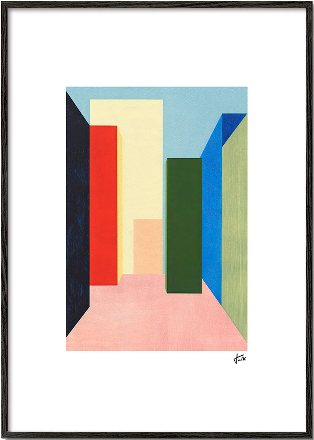 Geometrische poster kleurblok gang – Black Frame