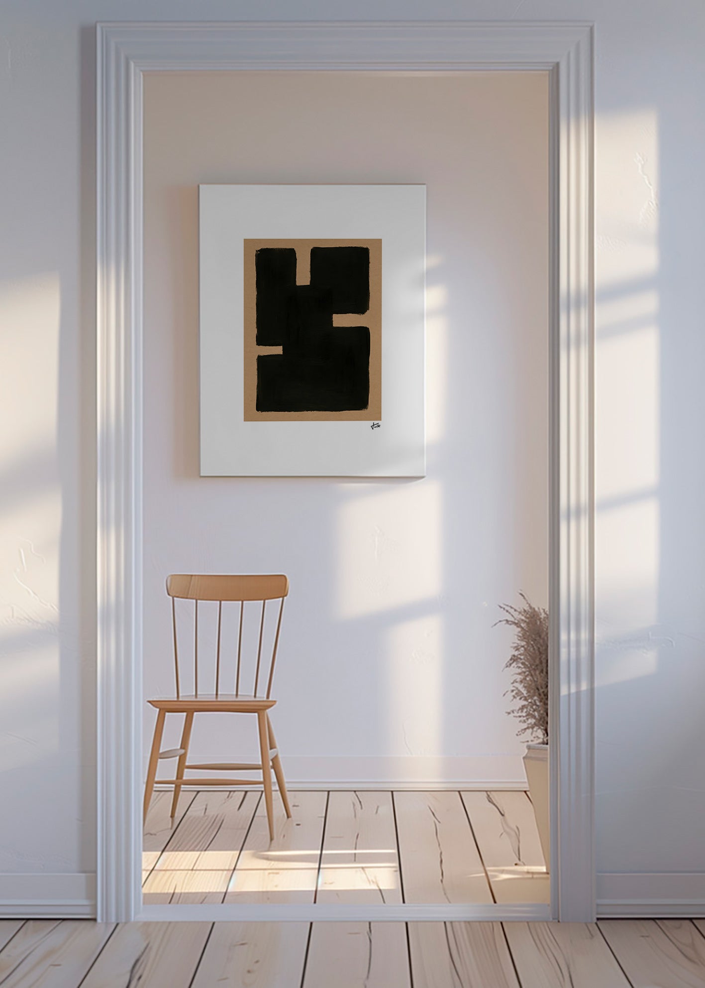 Abstract kunst met zwarte blokken op kraftpapier – Canvas
