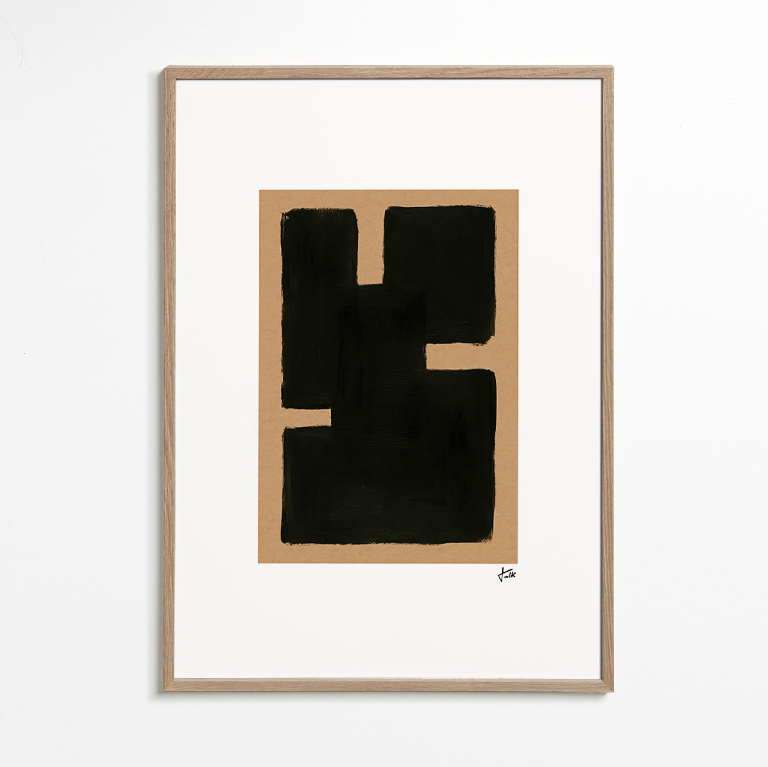 Abstract kunst met zwarte blokken op kraftpapier – Oak Frame