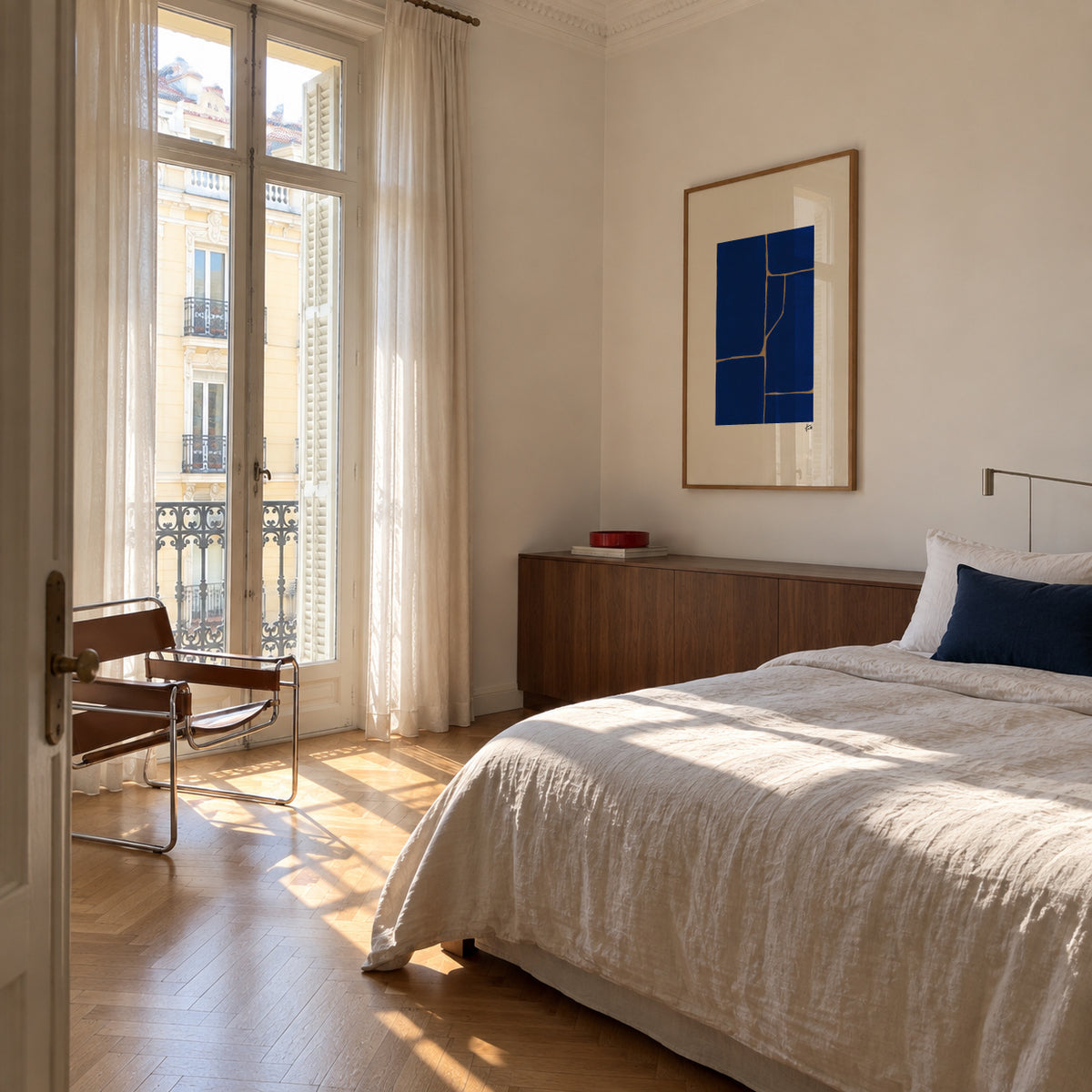 Blue Grid - Framed poster in an interior
