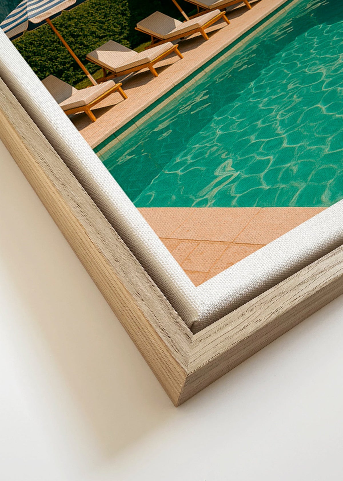 Fotografie van zwembad met gestreepte parasols – Canvas detail