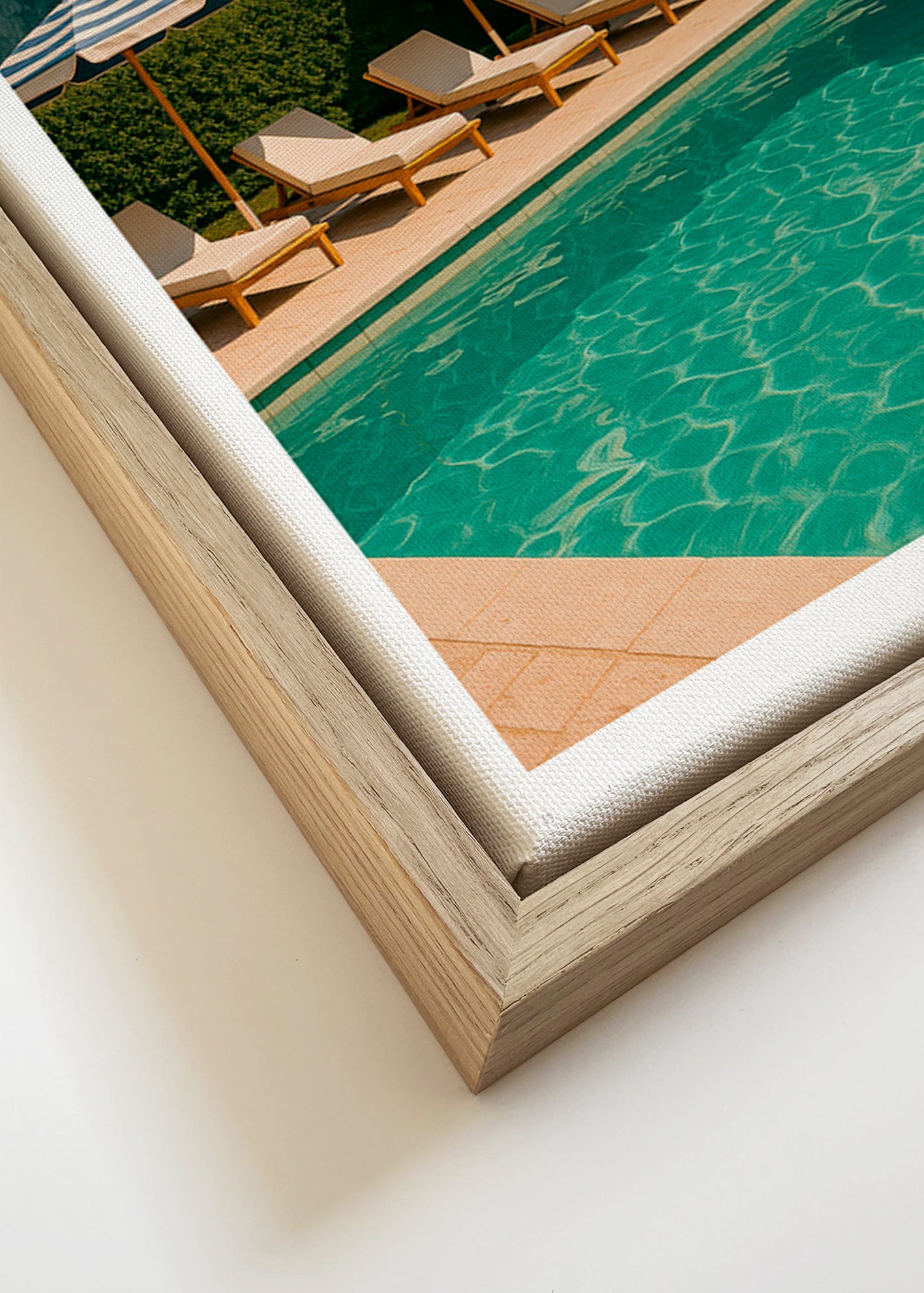 Fotografie van zwembad met gestreepte parasols – Canvas detail