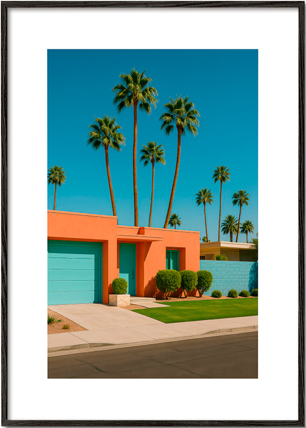 Botanische poster Palm House met palmen en koraalgevel – Black Frame