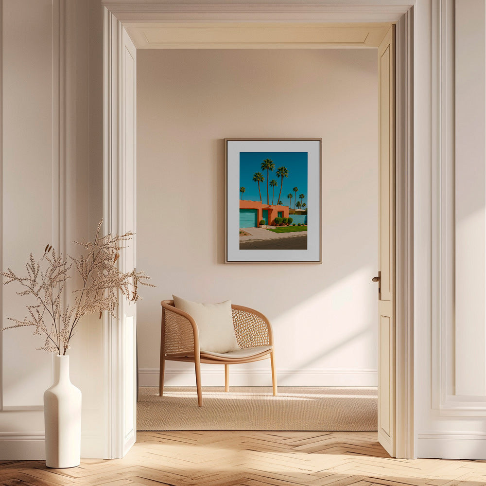 Botanische poster Palm House met palmen en koraalgevel – Canvas1