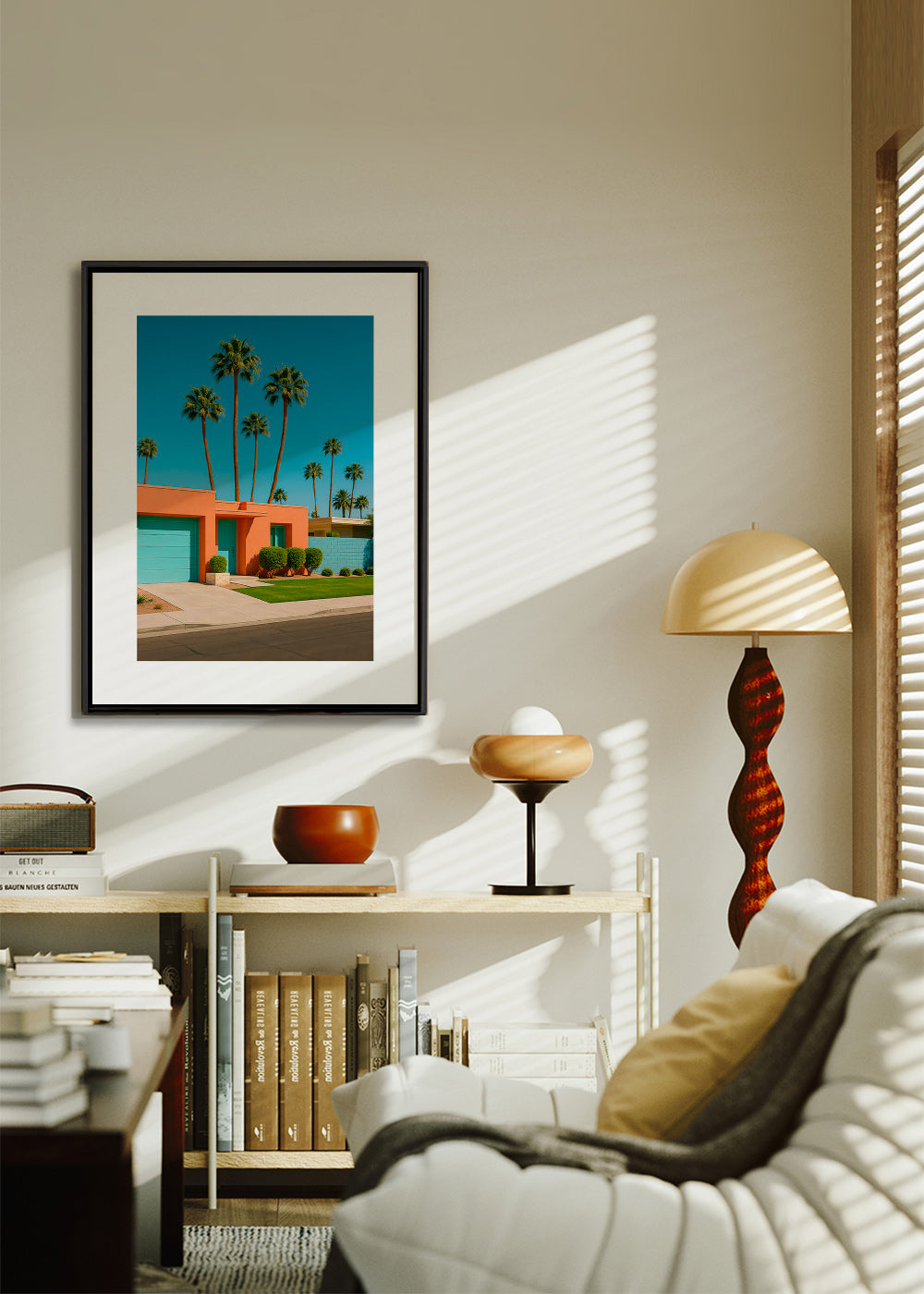 Botanische poster Palm House met palmen en koraalgevel – Canvas2