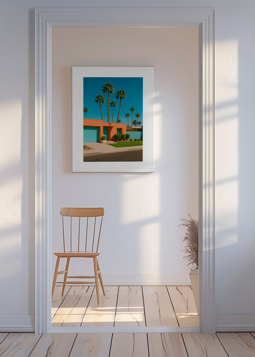 Botanische poster Palm House met palmen en koraalgevel – Canvas