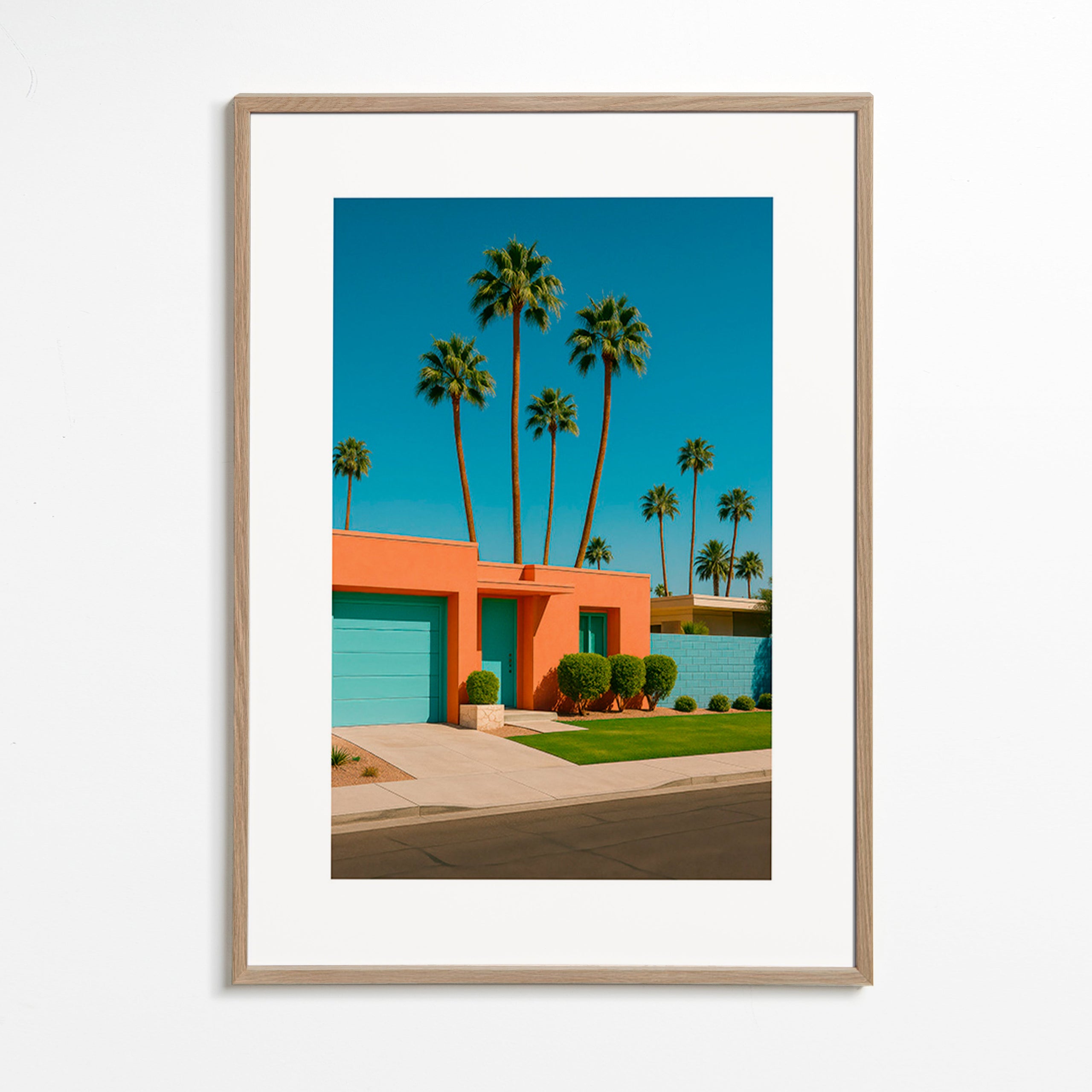Botanische poster Palm House met palmen en koraalgevel – Oak Frame