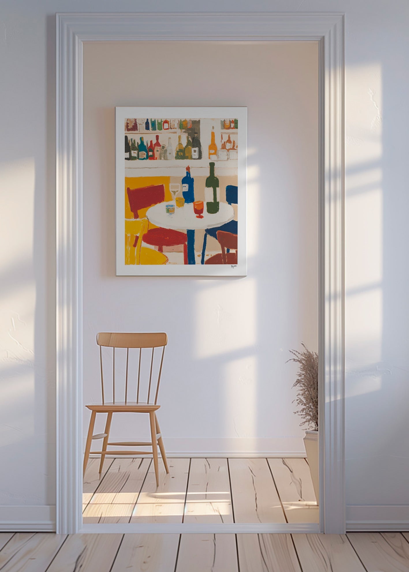 Keuken kunst: bistrotafel met flessen – Canvas