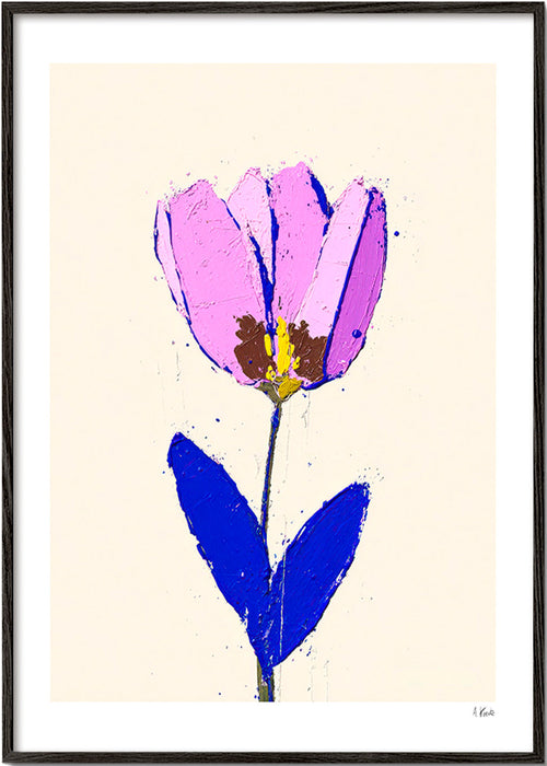 Botanische print met violet bloem en blauw blad – Black Frame