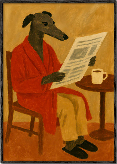Schilderij hond leest krant in rode badjas – Black Frame