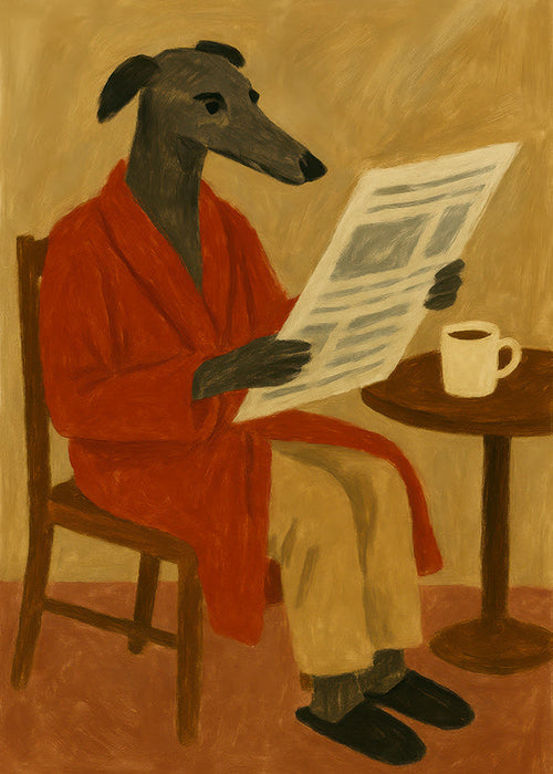 Schilderij hond leest krant in rode badjas