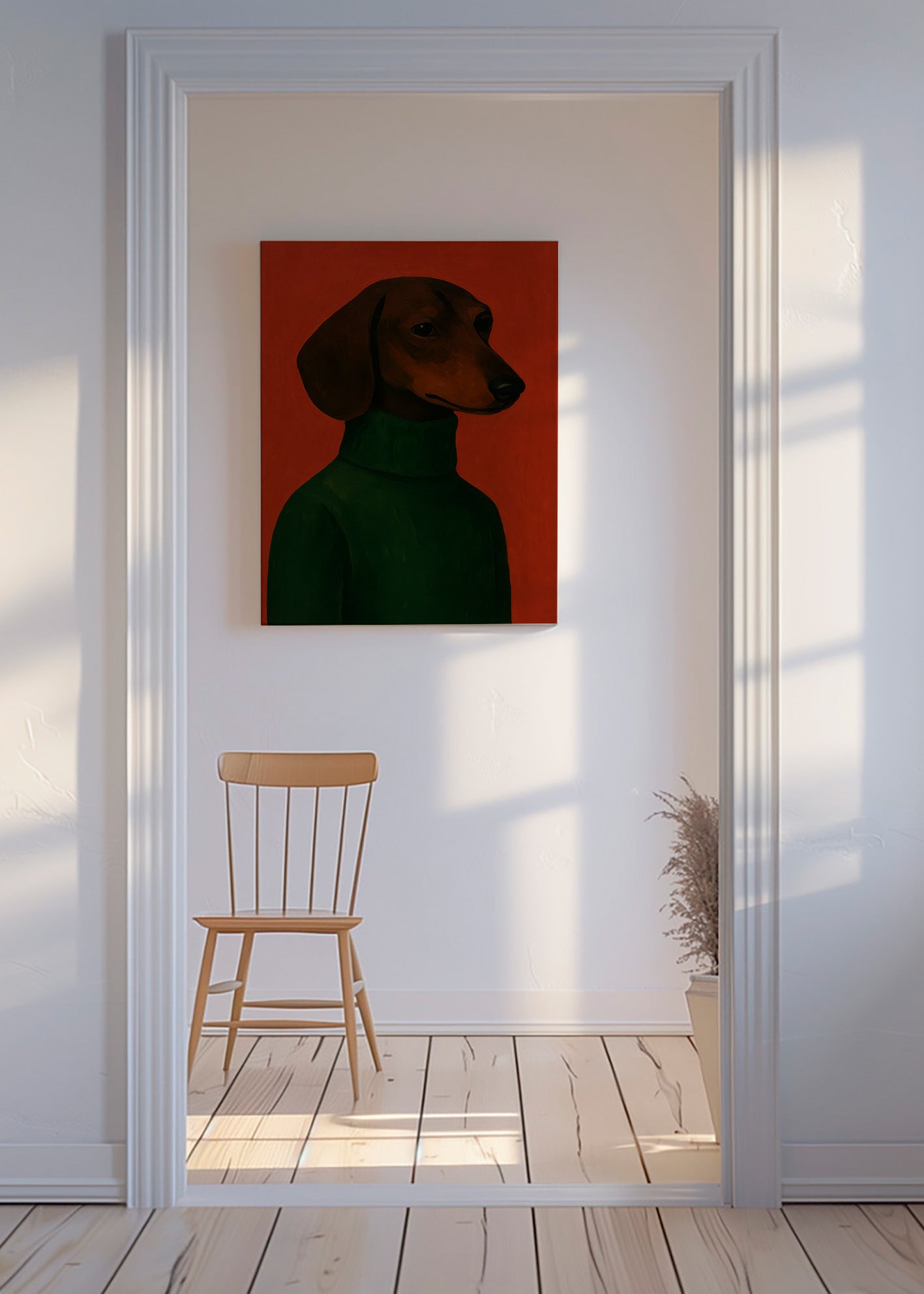 Hondenportret met groene trui – Canvas