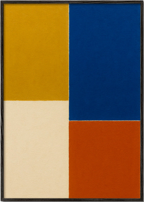 Abstract kunstwerk mosterd- en blauwe blokken – Black Frame