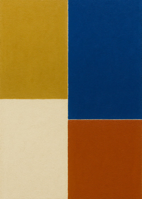 Abstract kunstwerk mosterd- en blauwe blokken