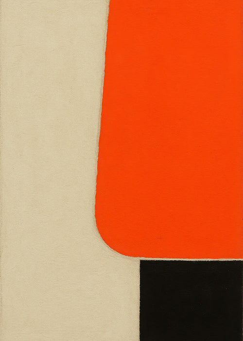 Geometrische poster met oranje blok en zwarte basis