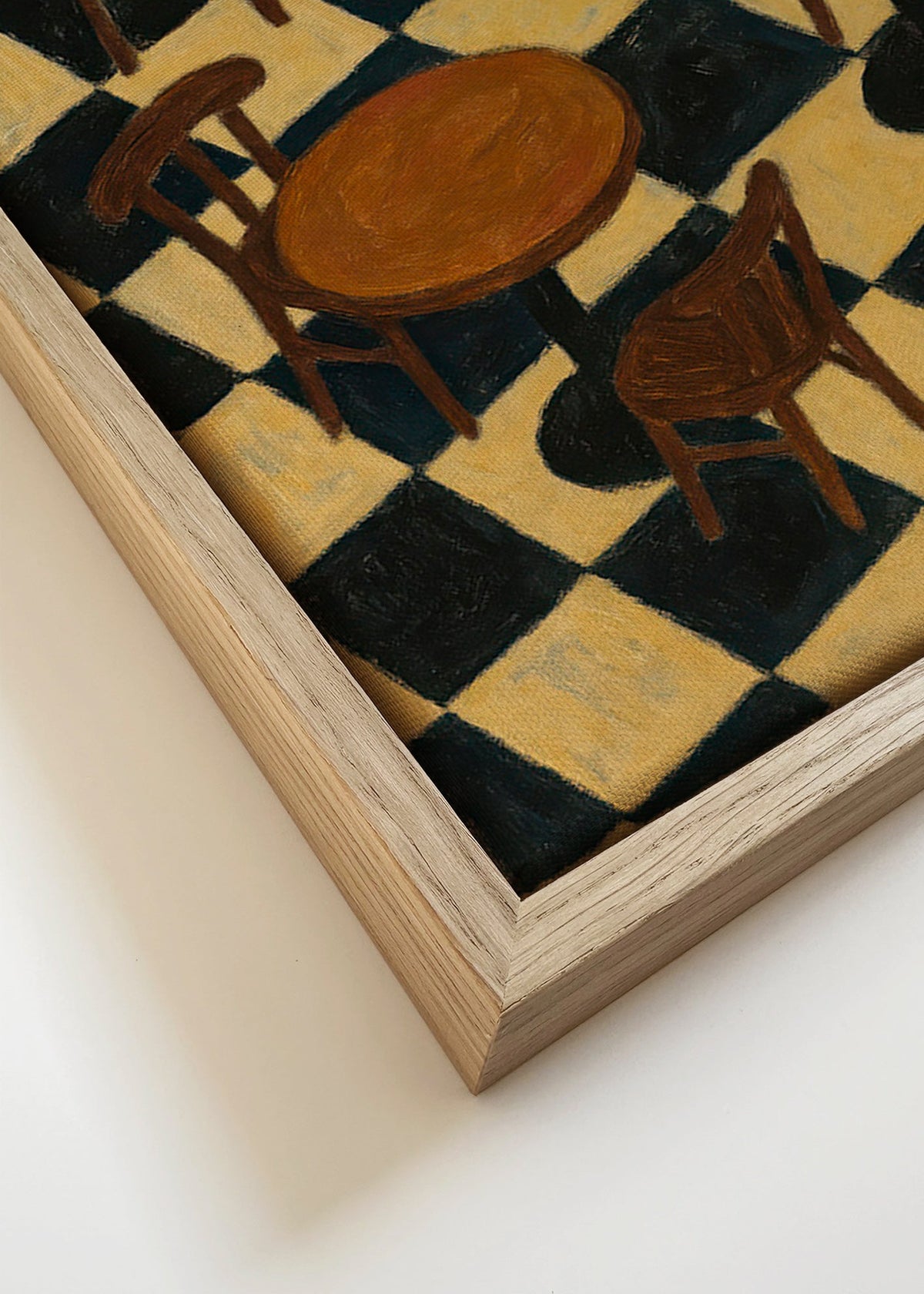 Keuken kunst: bistrotafels op schaakvloer – Canvas detail