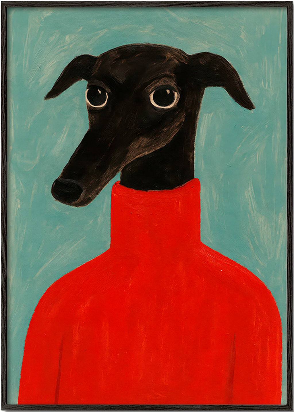 Windhondportret met rood truitje – Black Frame